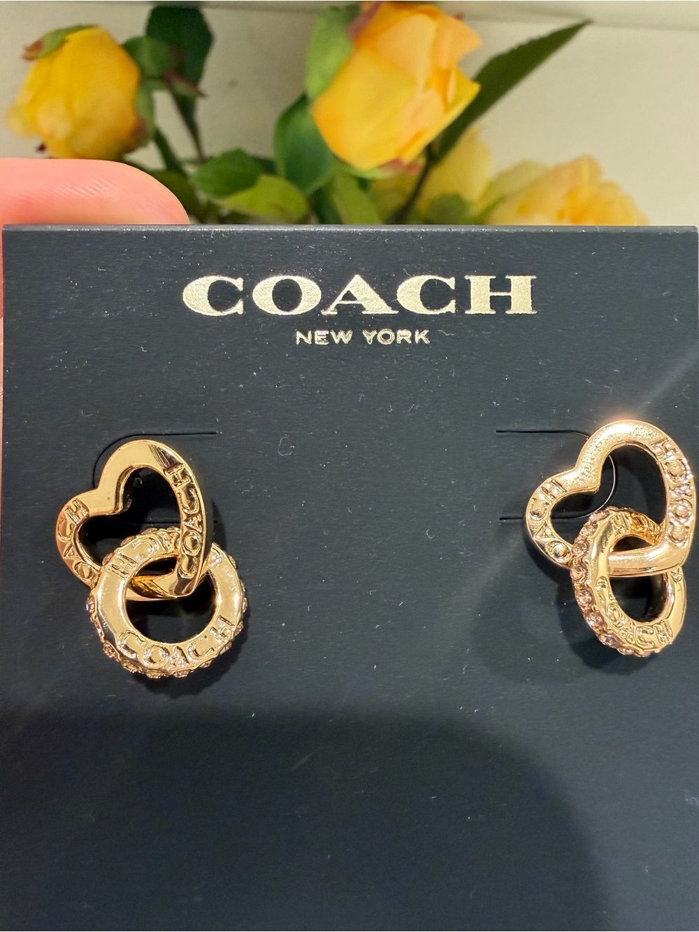 COACH Gold Interlocking Heart Crystal Stud Earrings - Picture 7 of 8